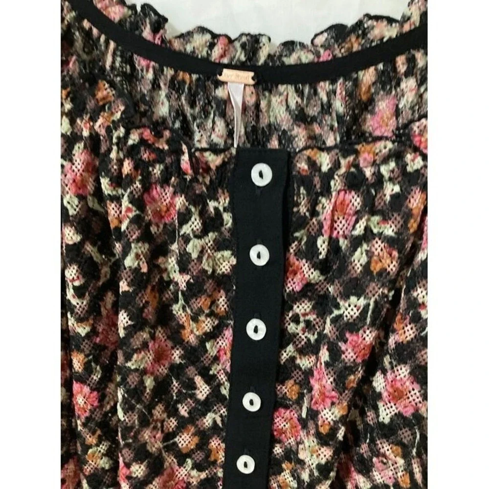 Free People Floral Mesh Blouse Womens Size Medium Black Pink Boho Core 90s Magic